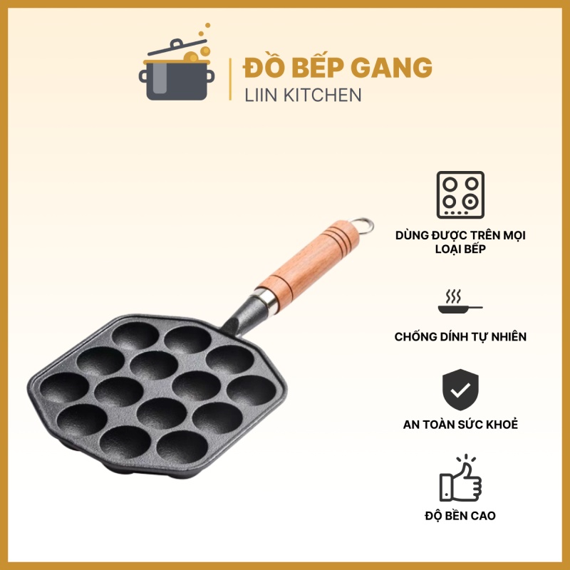 Chảo gang làm bánh bạch tuộc Takoyaki, khuôn làm bánh khọt, chảo gang lỗ tay cầm dùng trên bếp từ LIINKITCHEN