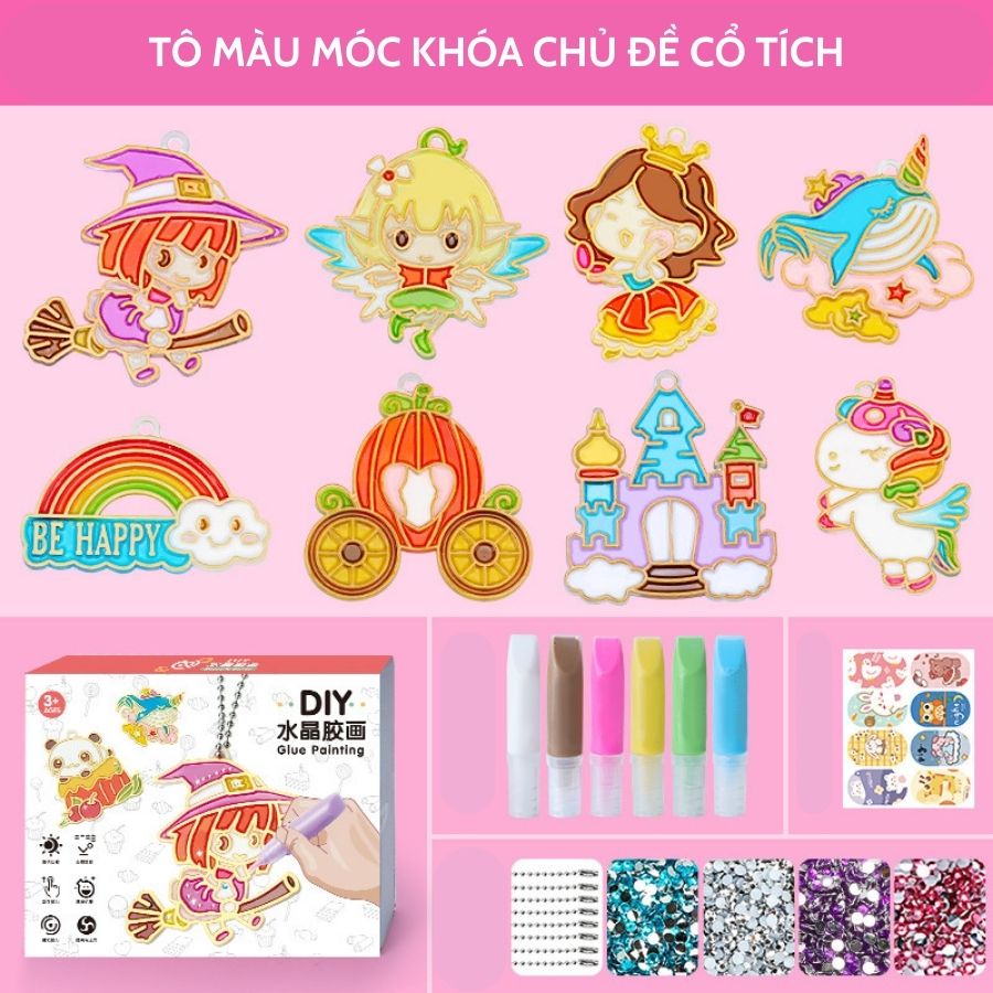 Bộ móc khoá cao cấp tự tô màu trang trí DIY với bút sơn keo( có thể làm mặt dây truyền , vòng tay )