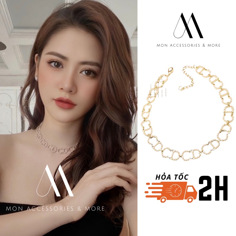 Vòng cổ chocker nữ đeo sát cổ màu vàng đính đính ngọc nhỏ xinh mặt dây chuyền CD đeo dự tiệc, đi chơi MON.SG - CK 73
