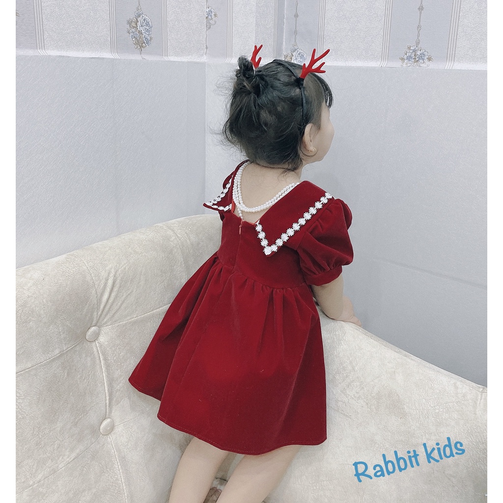 Váy Bé Gái Size Đại 8-40kg💝FREESHIP💝 Rabbit Kids-Đầm Nhung Đỏ Chuỗi Ngọc Trẻ Em 1,2,3,4,5,6,7,8,9,10 tuổi