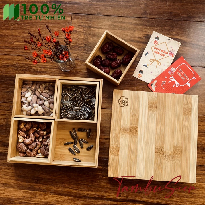 Khay hộp gỗ tre đựng bánh kẹo mứt tết