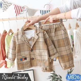 Bộ vest 3 chi tiết bé trai thời trang, chất thô dày dặn, phom dáng đẹp, kèm nơ xinh xắn, diện sinh nhật, sự kiện | MB26
