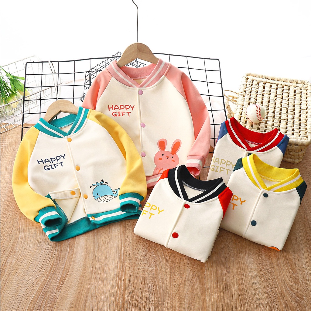 Áo khoác bóng chày LUCKYCANDY vải lông cừu dày tay dài in họa tiết hoạt hình thời trang cho bé 1-7 tuổi