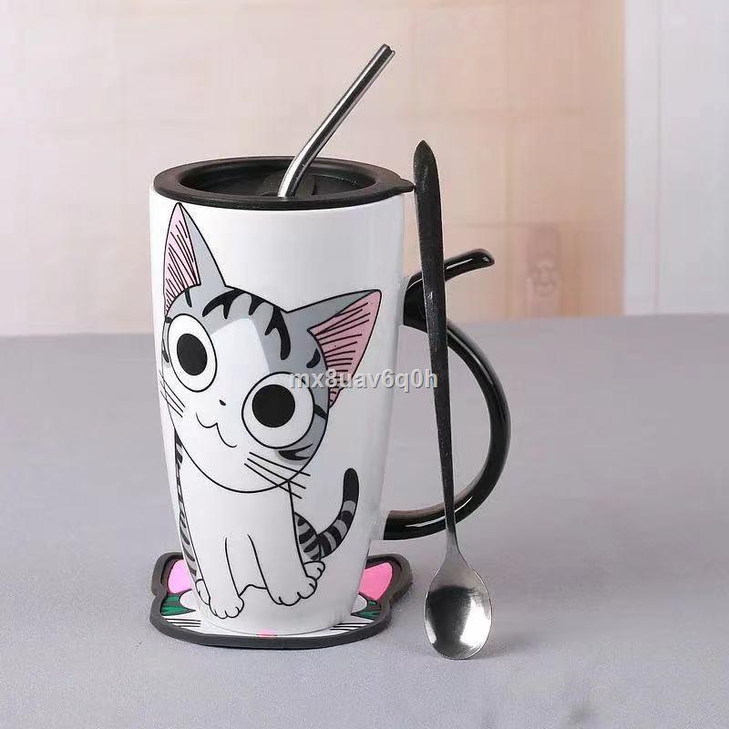◑ ♤ Dung Tích Lớn Cốc Có Nắp Thìa Hộ Gia Đình Cốc Sứ Hoạt Hình Sáng Tạo Cặp Đôi Cà Phê Ăn Sáng Văn Phòng Cốc Nước