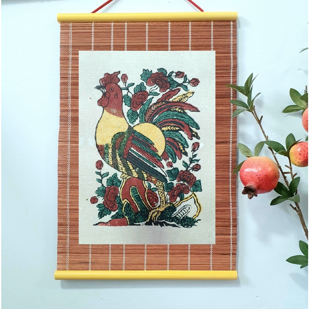 Tranh Đông Hồ - Gà trống hoa hồng - Dong Ho folk woodcut painting