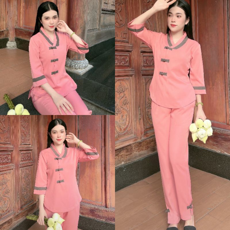 Đồ lam đi chùa tim bầu 3 nút cotton lạnh Hàn Quốc đủ màu