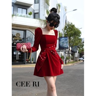 CEE RI - Váy nhung cao cấp nơ eo đính ngọc ( Ảnh Thật - Chính Chủ )