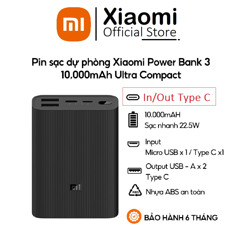 Pin sạc dự phòng Xiaomi 10000 mAh (In/Out Usb Type-C) Công suất 22,5W Gen 3 Ultra Compact Polymer Power Bank 3