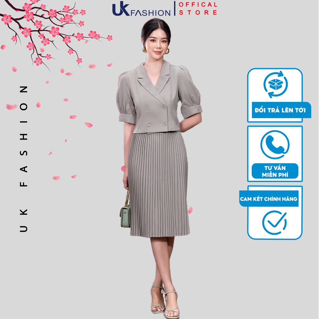 Bộ Nữ Công Sở UK Fashion Áo Tay Lỡ Giao Cúc Phối Chân Váy Dập Ly Chất Liệu Vải Hàn Cao Cấp NKBD2204017