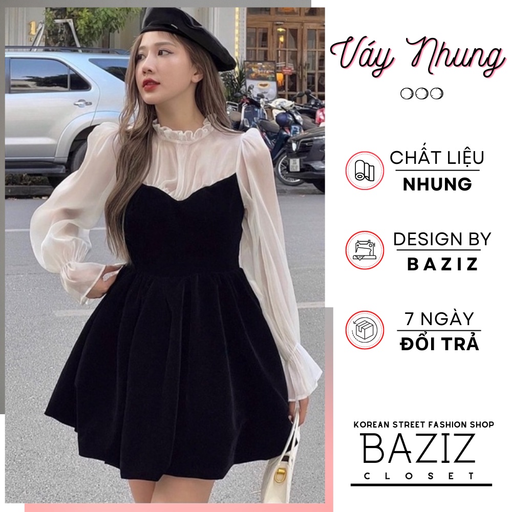 Váy nhung tay bồng phối ren dáng váy tiểu thư phù hợp đi tiệc và đi chơi