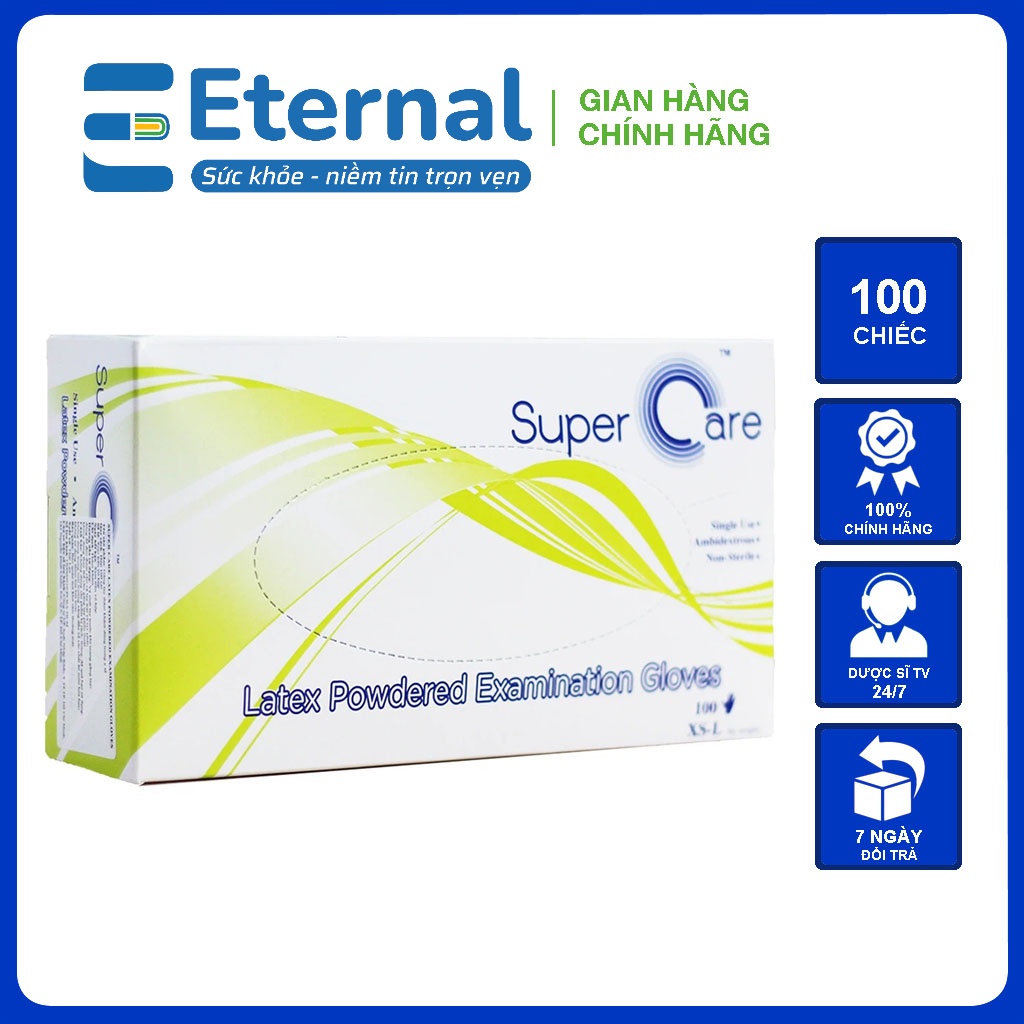 (Chuẩn & Đủ) Hộp 100 cái Găng tay y tế Cao cấp Thái Lan Super Care Latex Có Bột