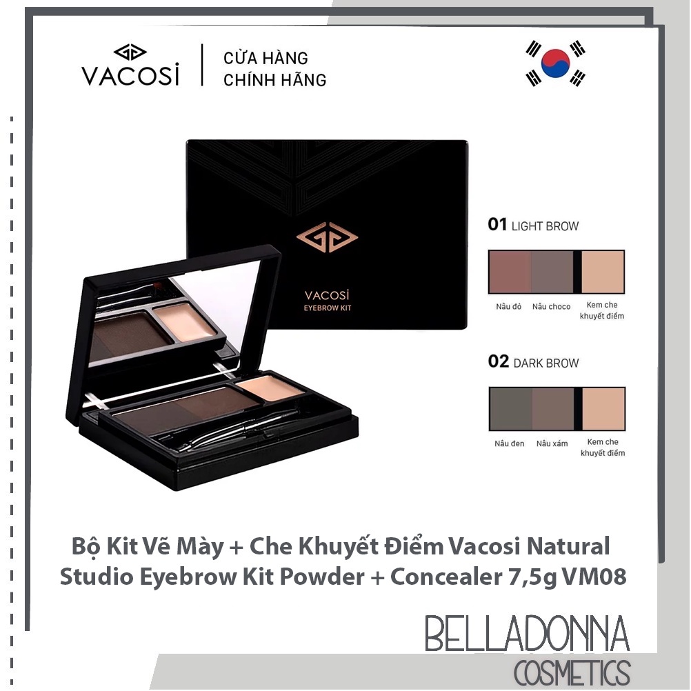 Bộ Kit Vẽ Mày + Che Khuyết Điểm Vacosi Natural Studio Eyebrow Kit Powder + Concealer 7,5g VM08