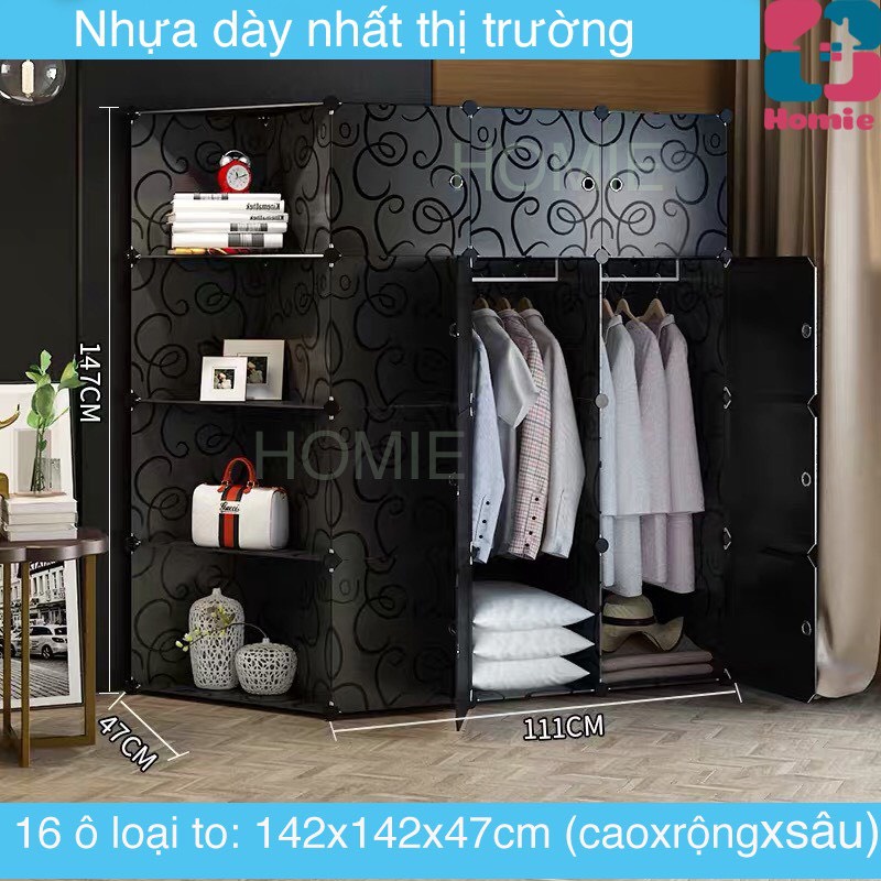 Tủ nhựa ghép 16 ô 4 góc xéo-2 thanh treo Tủ quần áo thông minh lắp ráp đa năng như hình
