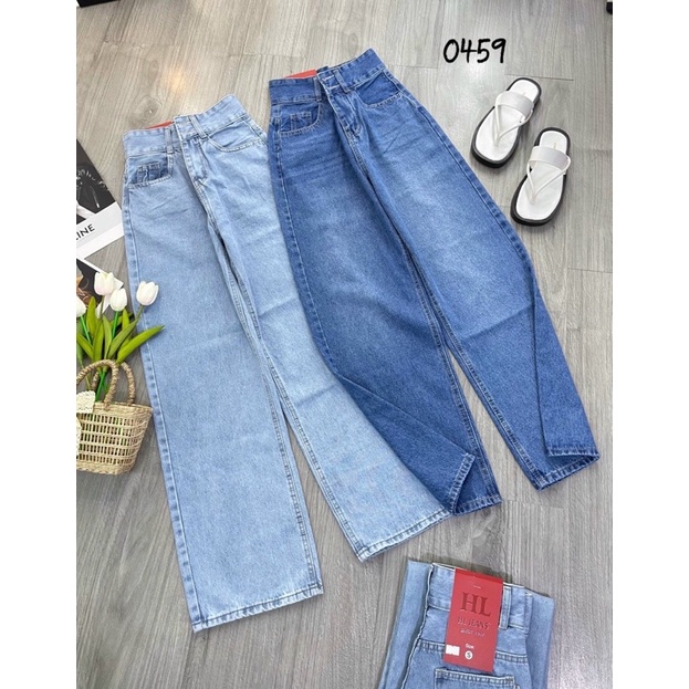 QUẦN JEANS DÀI ỐNG RỘNG TRƠN COTTON KHÔNG GIÃN LƯNG CAO- hình thật 100%