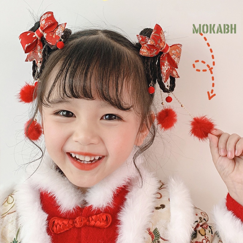 1 Cặp Kẹp Tóc Giả Đính Nơ Tua Rua Phong Cách Trung Hoa Ngọt Ngào Mừng Năm Mới Cho Bé
