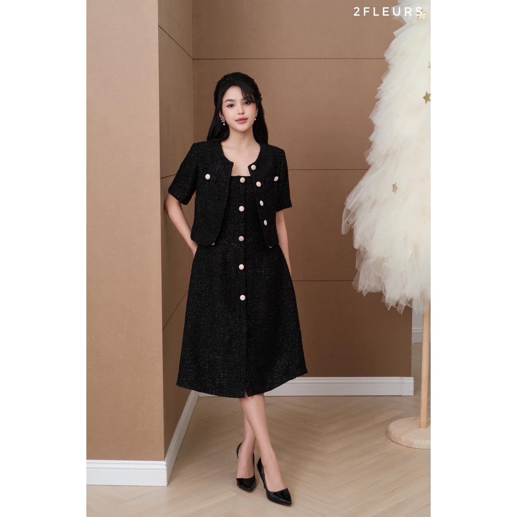 Set dạ Tweed khuy kim loại Felicia 2Fleurs gồm áo khoác ngắn tay và váy liền dáng xoè sang trọng