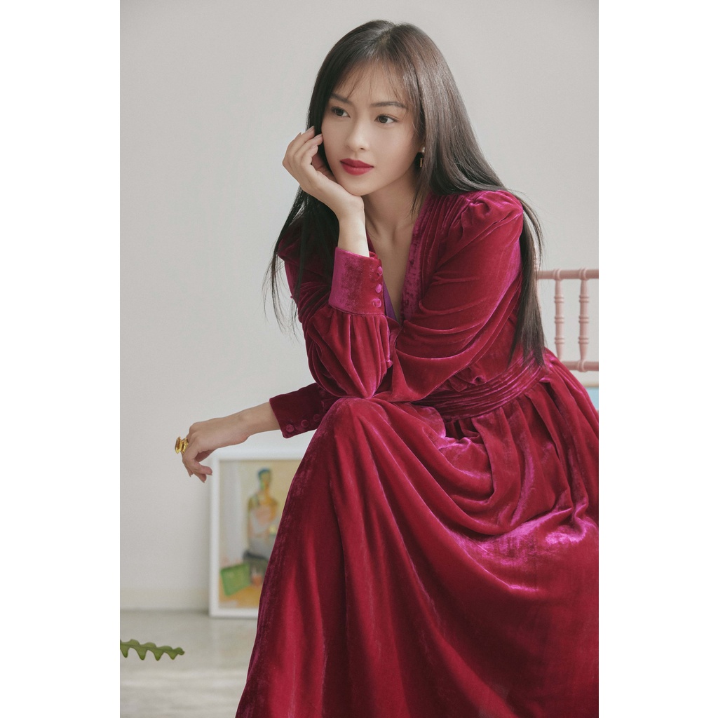 Silk Velvet V Dress HUONG BOUTIQUE HBV1223, 2 màu đen & hồng