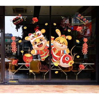 Decal trang trí Tết - Trung Thu - Thỏ cưỡi cá chép và cầm đèn lồng