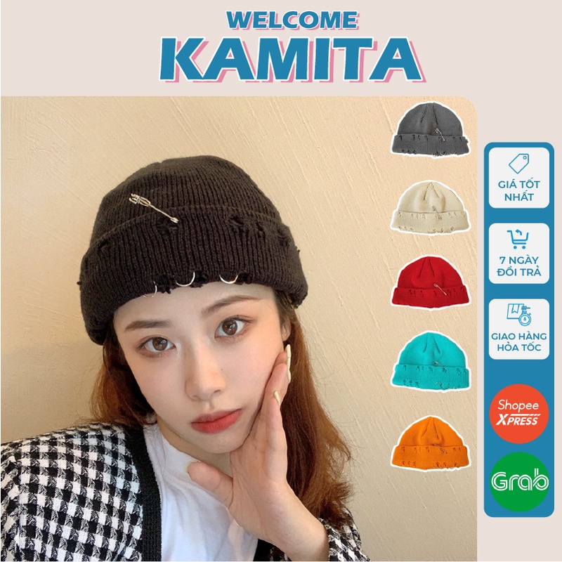 Mũ Len Beanie Rách Đính Khuyên KAMITA Phong Cách Hàn Quốc, Nón Len Ngắn Rách Đẹp Mùa Đông Hip Hop Unisex Nam Nữ ML24
