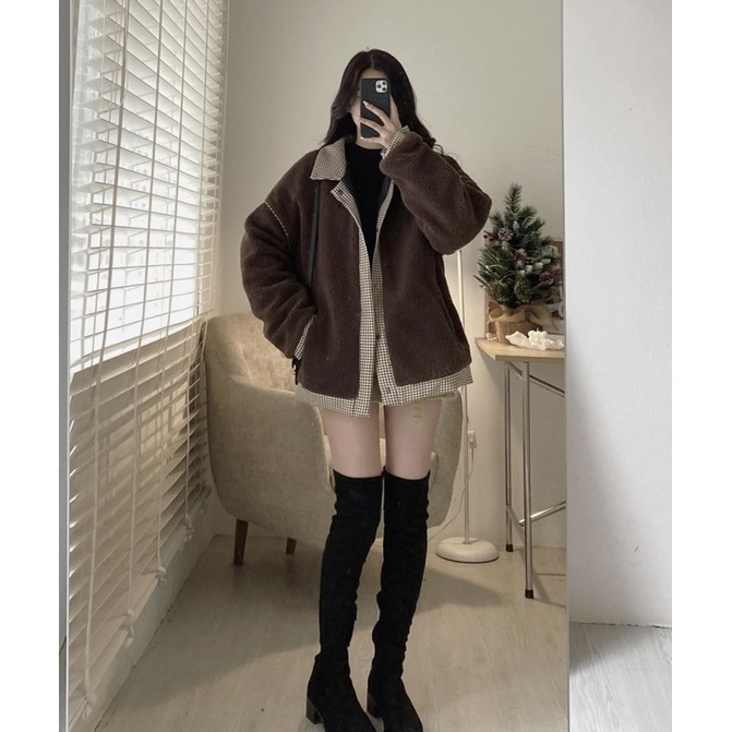 ÁO KHOÁC LÔNG CỪU NÂU ĐẬM PHỐI KẺ CARO SIÊU XINH
