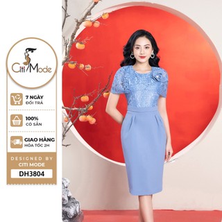 Đầm công sở CITI MODE FASHION thiết kế dáng ôm xanh phối ren đính hoa ngực DH3804