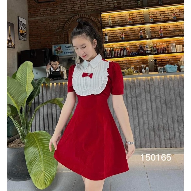 Đầm Nhung Chữ A Dáng Ngắn Cổ Sơ Mi Đính Nơ Bèo Trắng Màu Đen Đỏ Váy Dạ Hội Mặc Tết