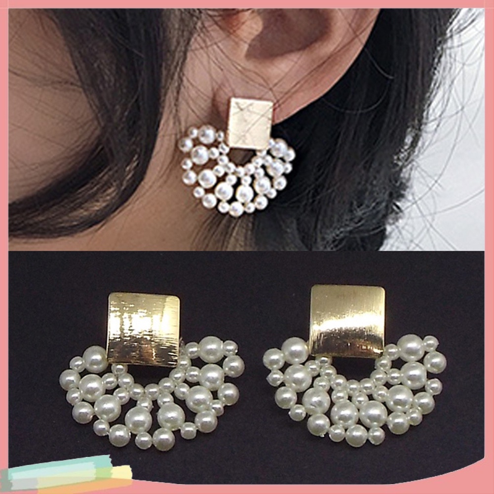Khuyên tai đính hạt ngọc trai giả dáng vuông cho nữ