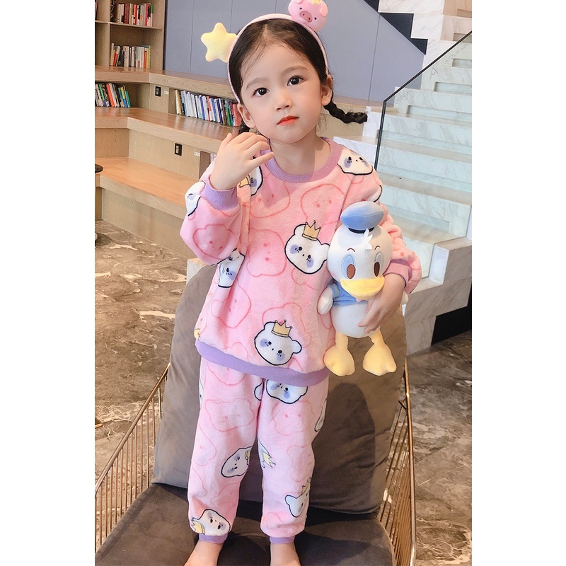 Bộ Đồ Ngủ Lông Cừu San Hô Dày Hai Lớp Phong Cách Mới Mùa Đông Cho Bé 90-150CM