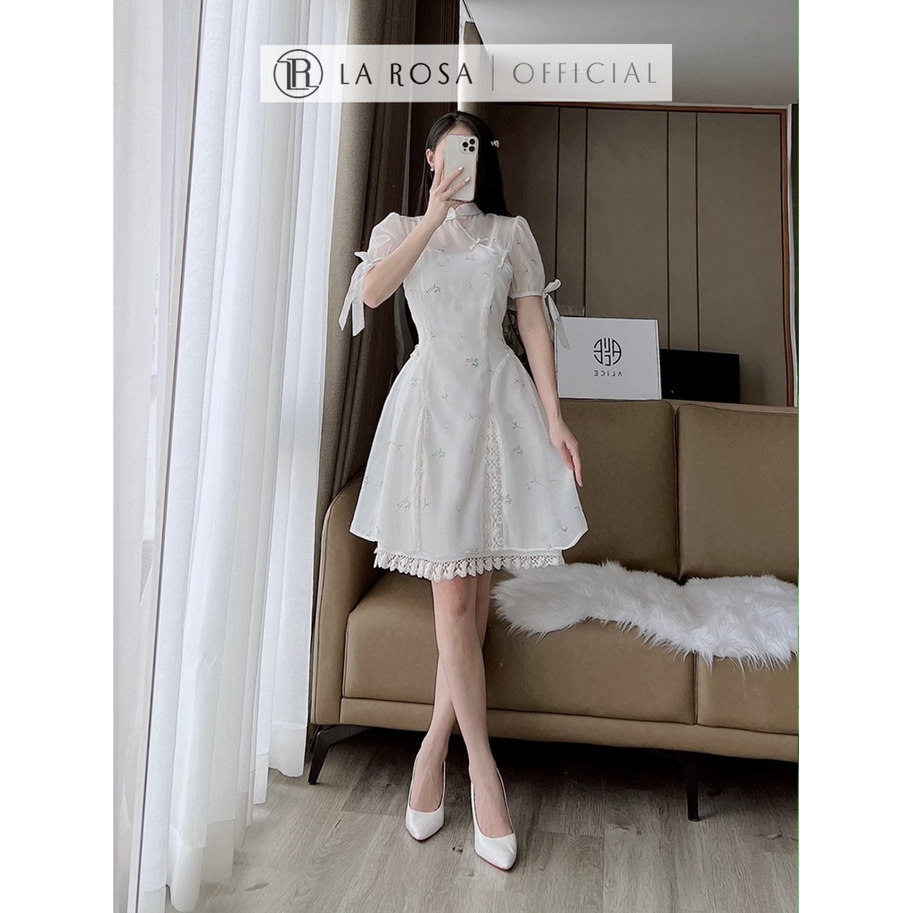 Váy Sườn Xám Tiểu Thư Cổ Tàu Phối Ren LAROSA Dáng Xòe Thiết Kế Dịu Dàng Sang Chảnh, Chất Vải Mềm Mịn Cao Cấp V869