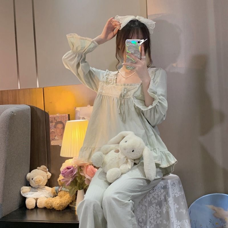 Bộ Đồ Ngủ Tay Dài In Họa Tiết Công Chúa Dễ Thương Thời Trang Xuân Thu Cho Nữ