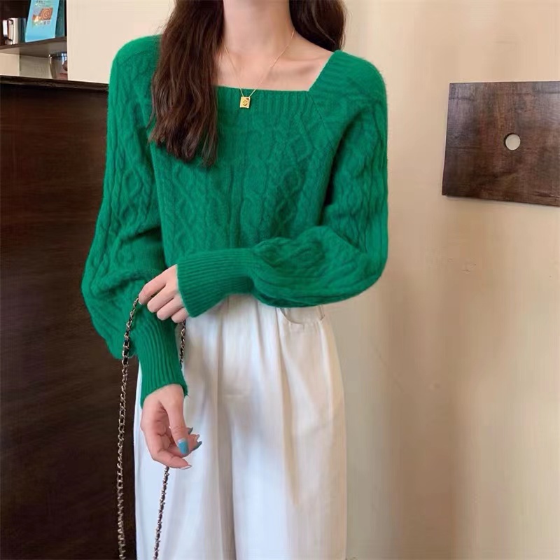 Áo dệt kim SUXI cổ vuông dáng rộng phong cách vintage Hàn Quốc thời trang thu đông cho nữ