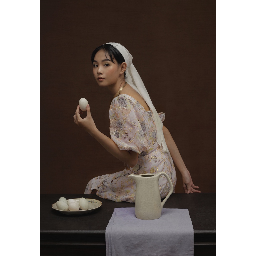 Đầm dài xẻ tà tay phồng The Country Cortana Purple vải voan in hoa tím nhạt