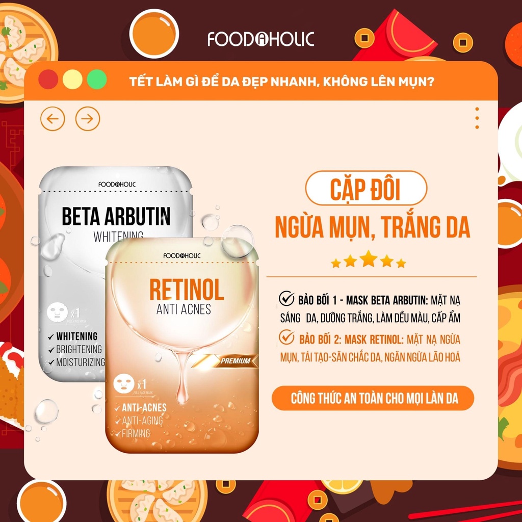 Hộp 10 miếng Mặt nạ Retinol Foodaholic Anti Acnes Mask giảm mụn, tái tạo da 23ml - RETINOL