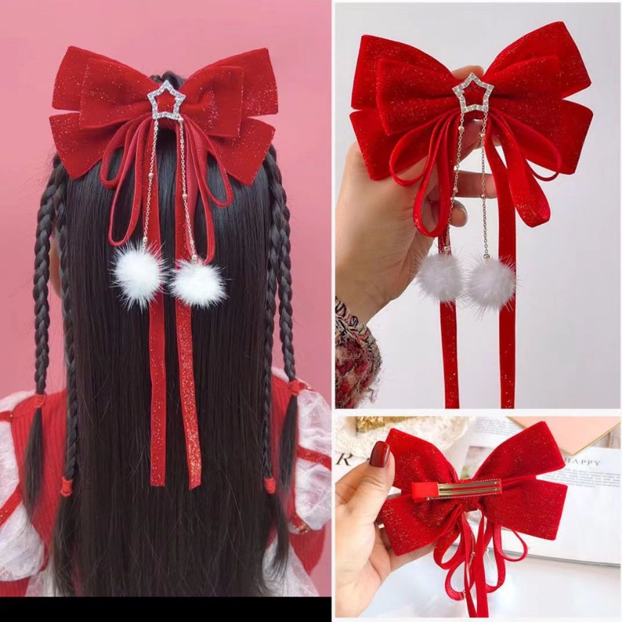 Kẹp Tóc Nơ Tua Rua Phối Lông Xù Xinh Xắn Cho Bé Gái Dịp Năm Mới