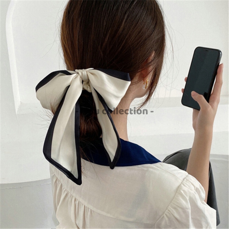 Cột tóc nơ scrunchies, Dây buộc tóc lụa chất liệu silk mềm mại dễ thương HOT TREND màu đen tắng   - Mã DT019
