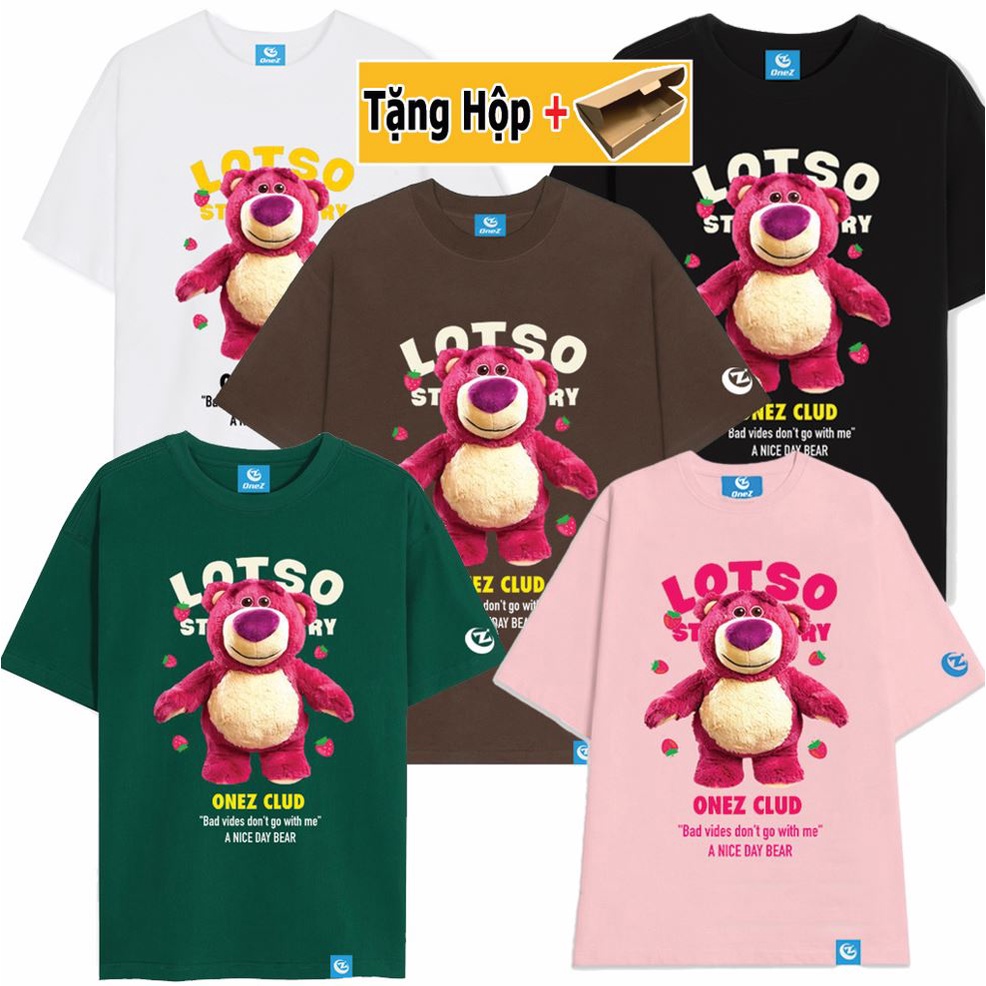 Áo thun gấu hồng dâu nữ form rộng tay lỡ Gấu Lotso ONEZ Premium 100% Cotton định lượng 250gsm