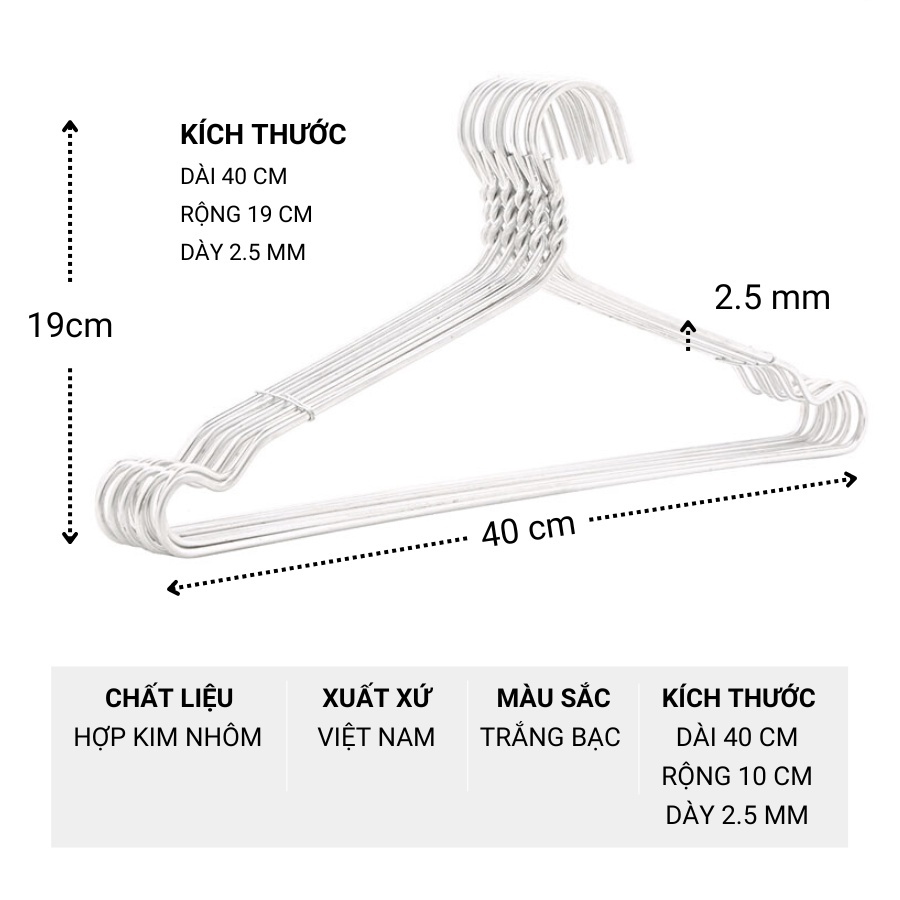 Bộ 10 móc phơi đồ, chất liệu hợp kim nhôm 3.6, giá treo đồ kích thước 40x19x2.5cm - Màu sắc trắng bạc