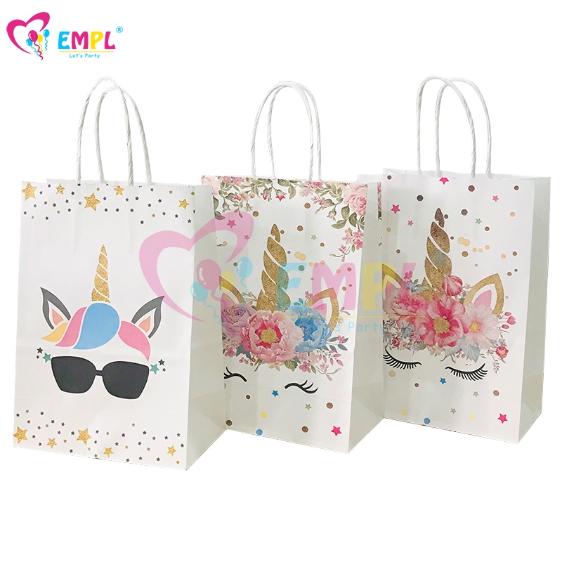 Set 3 Túi Giấy Kraft Đựng Kẹo Hình Kỳ Lân Có Tay Cầm Trang Trí Tiệc Cưới / Sinh Nhật / Tiệc Sinh Nhật / Bé