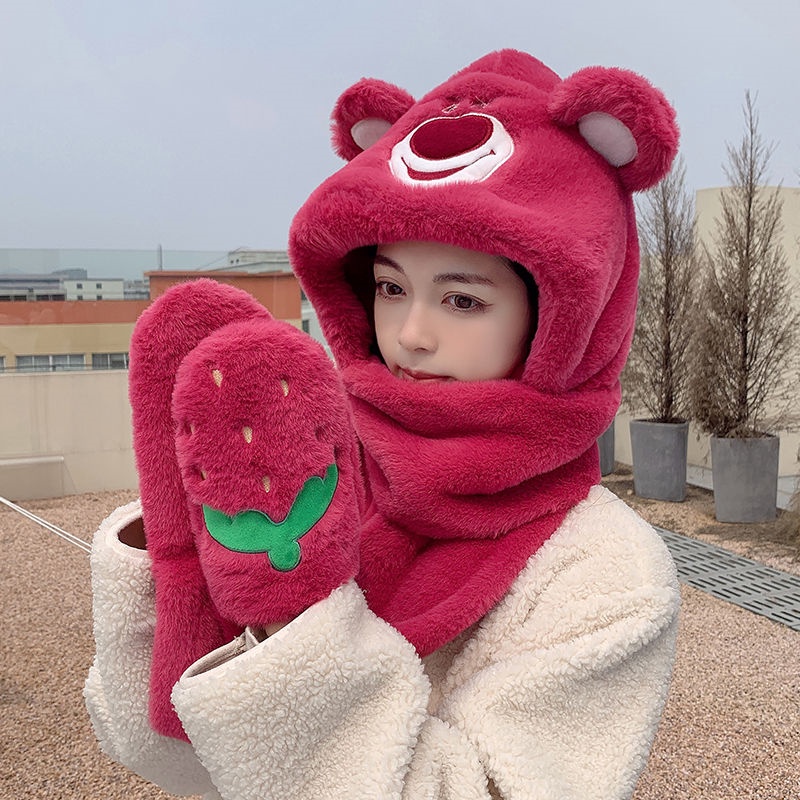 Dâu tây gấu mùa đông mũ khăn quàng cổ găng tay