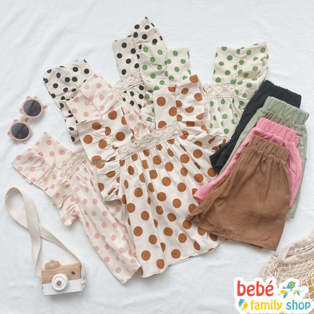 [Xả kho] Bộ bé gái chấm bi tiểu thư đũi lanh mềm set bộ bé gái đi học đi chơi - SGH