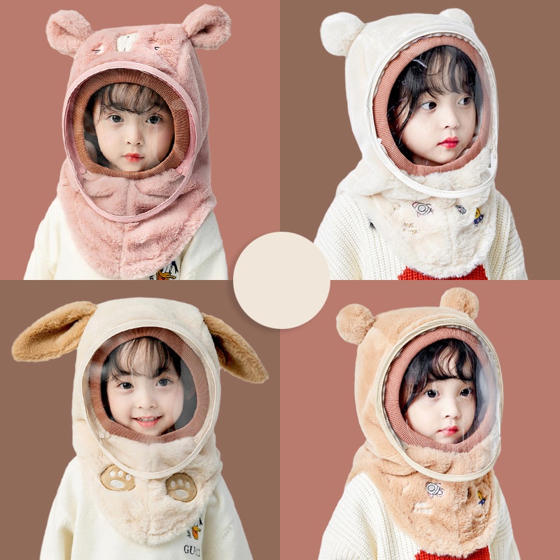 Mũ Trùm Tai Dày Dặn Chống Gió Dễ Thương Kèm Tấm Chắn Trong Suốt Giữ Ấm Mùa Đông Cho Bé