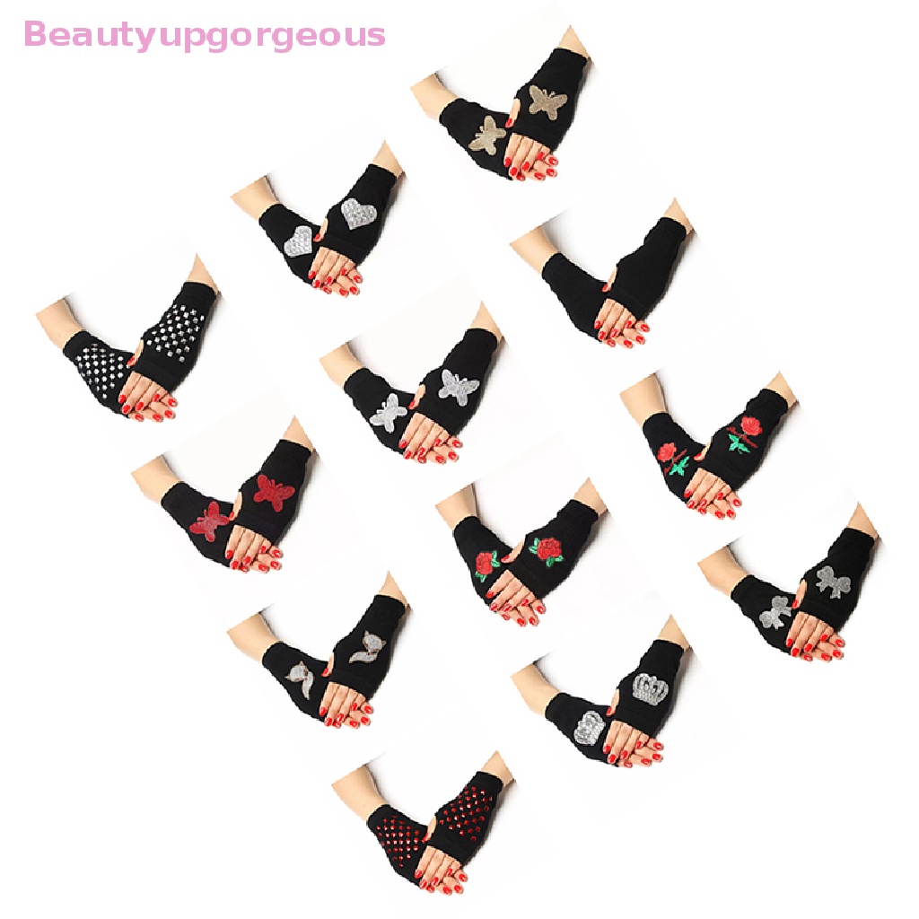 Găng Tay Hở Ngón Giữ Ấm Đính Đá Hình Hoa Hồng Dễ Thương