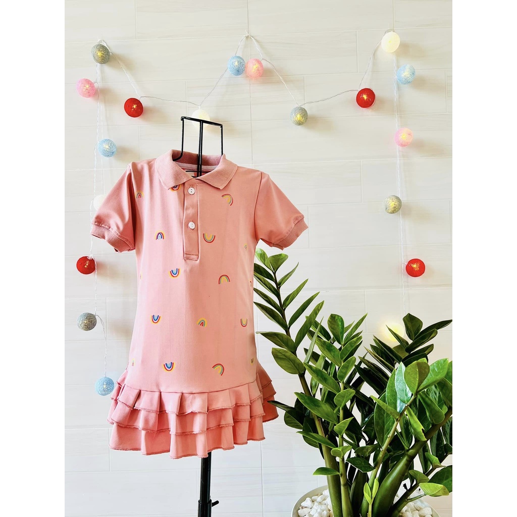 Váy Polo Hồng Cổ Bẻ in Hình Cầu Vồng Cho Bé Gái