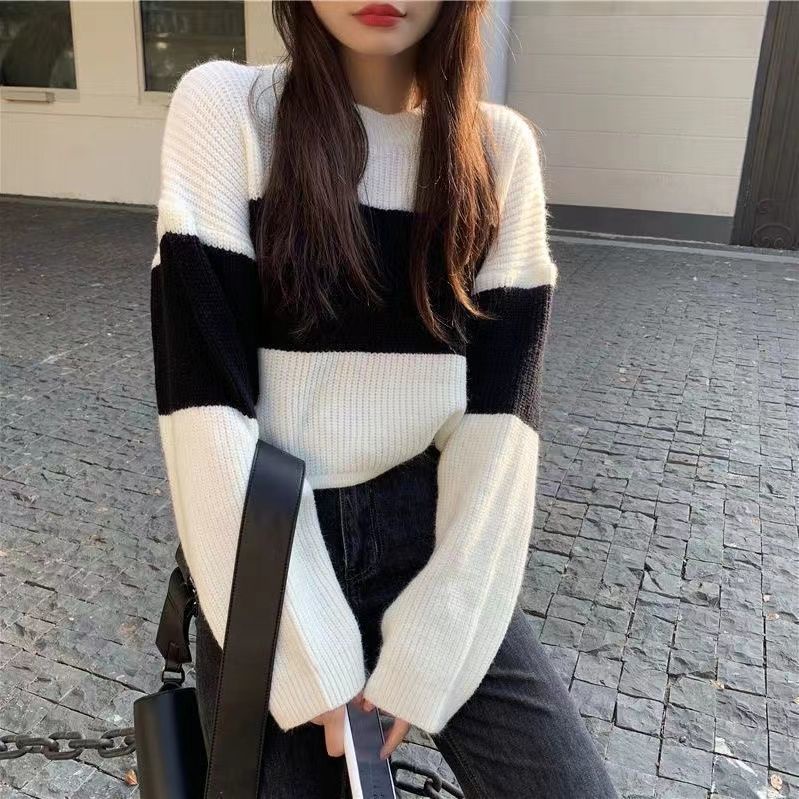 Áo Sweater Dệt Kim Dáng Rộng Ngắn Kẻ Sọc Màu Sắc Tương Phản Kiểu Vintage Nhật Bản