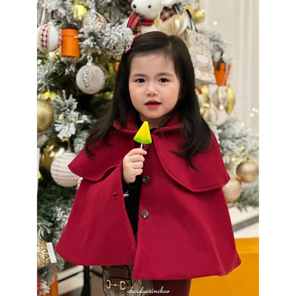 Áo dạ choàng đỏ 2 lớp bé gái thời trang đáng yêu ấm áp chất dạ dày dặn fullsize