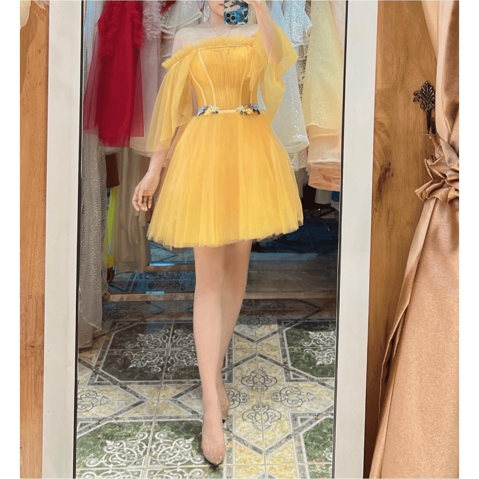 SIÊU SALE ĐẦM LƯỚI HOA EO THIẾT KẾ TAY DÀI NGANG VAI  , ĐẦM XÒE XINH XẮN KHI ĐI CHƠI , DỰ TIỆC UP SHOP HHP