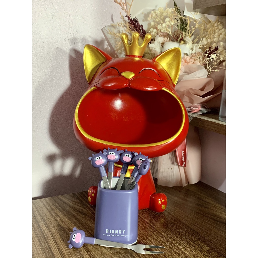 Set 6 nĩa ăn trái cây bằng thép không gỉ, hình dáng dễ thương+đế đựng chắn chắc phù hợp cho nhà bếp