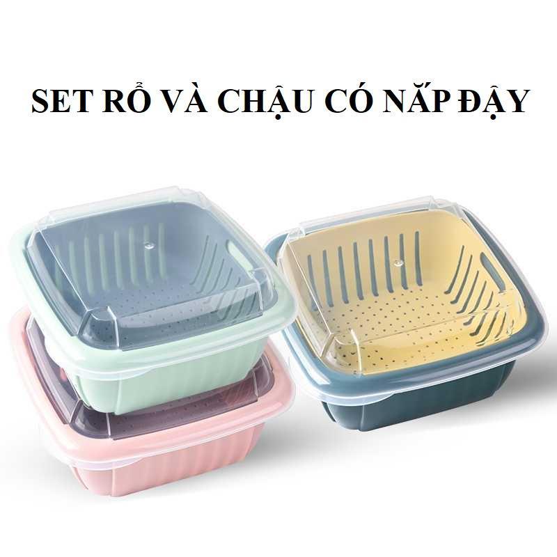 Bộ thau rổ nhựa️ Sale Sốc️Rổ có nắp đậy đựng rau củ quả, thực phẩm chất liệu nhựa ABS bền bỉ cao cấp