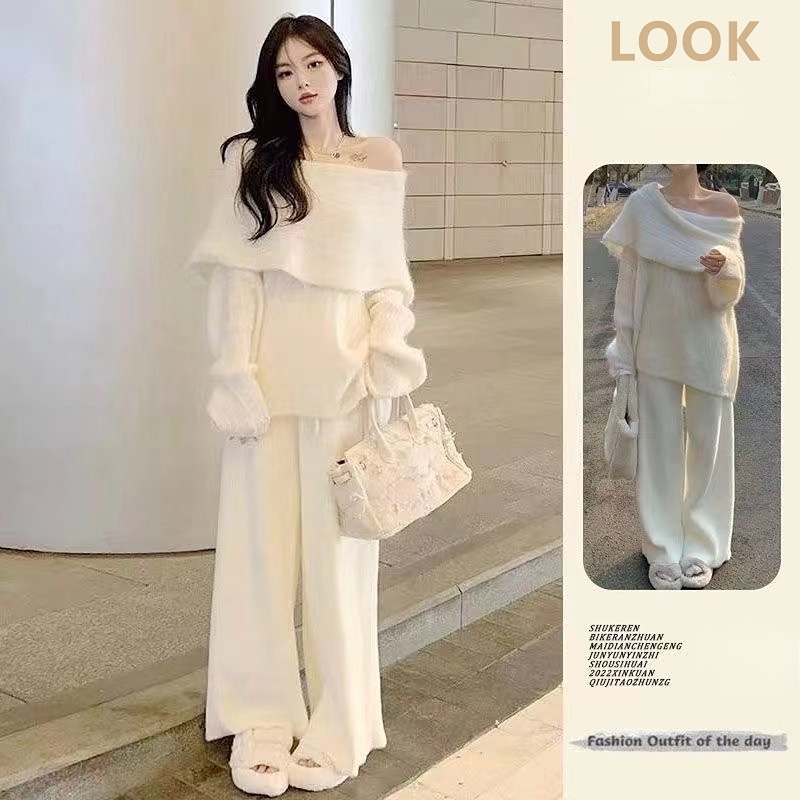 Set Áo Len Dài Tay + Quần Dài Ống Rộng Thiết Kế Mới Thời Trang Mùa Thu Đông Dành