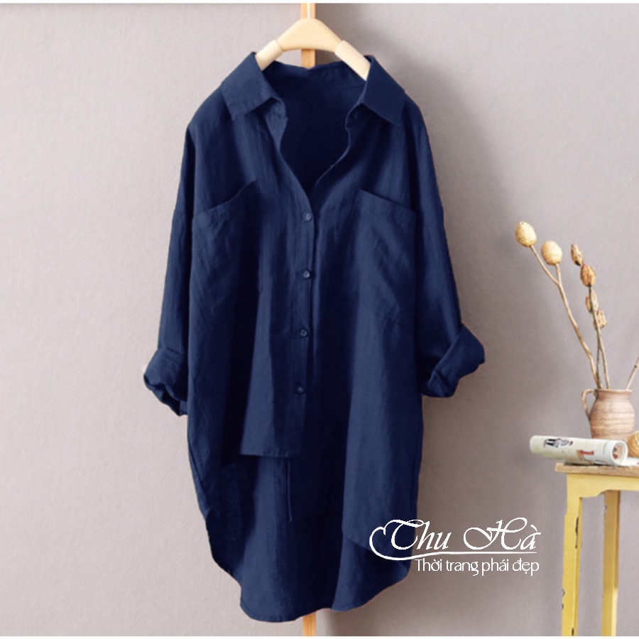 Áo sơ mi đũi nữ bigsize từ 40 đến 95kg Thu Hà form dài rộng kiểu tà lệch trẻ trung sang chảnh SMH.31